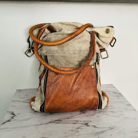 Mona B Tan Canvas And Leather Satchel Shoulder Bag - Picture 1 of 10